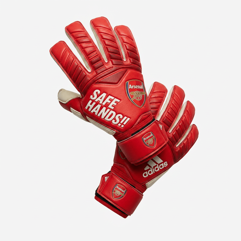 Arsenal goalkeeper in black and yellow jersey wearing red goalkeeper gloves with 'SAFE HANDS!!' text
