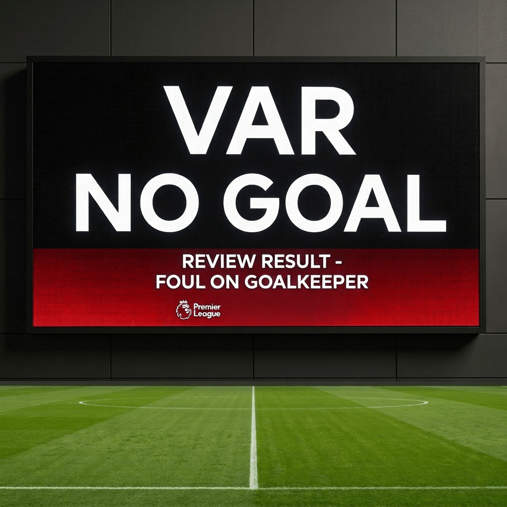 Stadium scoreboard showing 'VAR NO GOAL REVIEW RESULT OFFSIDE' during a football match