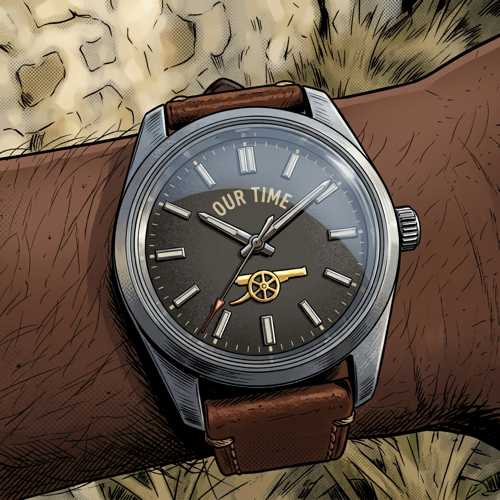 Wristwatch with text 'Our time on our ground!' on face and leather strap