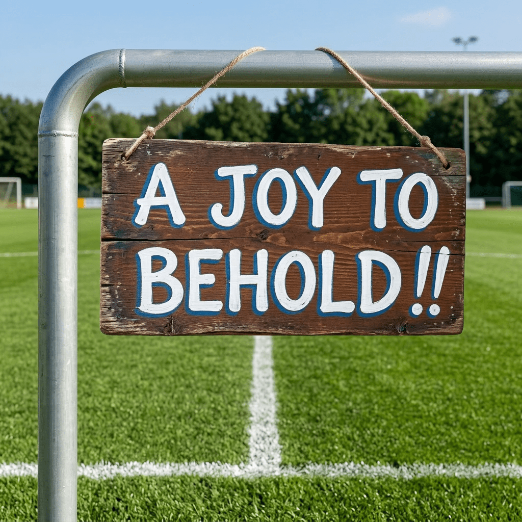 'A JOY TO BEHOLD!!' painted on a wooden sign outside a cottage