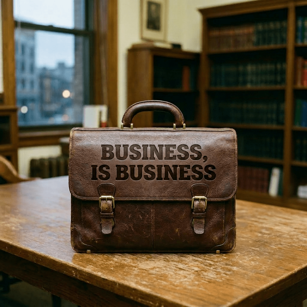 Brown leather briefcase with text 'Business, is business' on a wooden desk