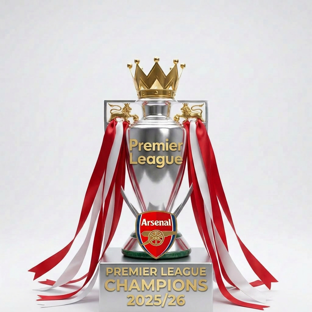 Premier League trophy with Arsenal logo and players celebrating on football field