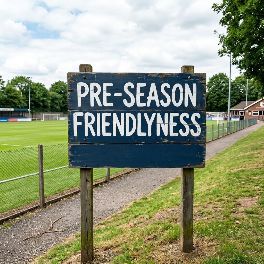 Wooden sign announcing pre-season friendliness football match at Oakwood Community Stadium with fans walking nearby
