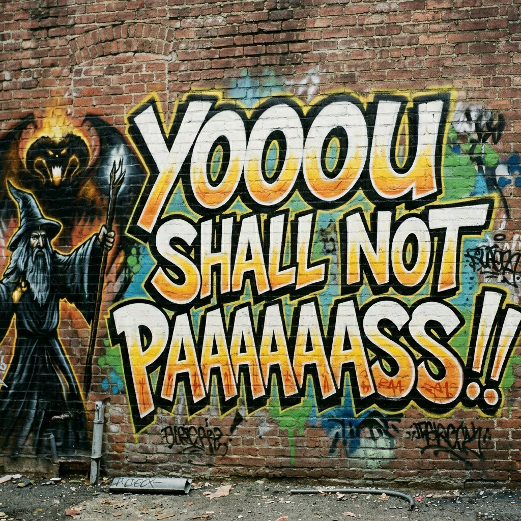 Graffiti on brick wall showing a wizard and the words 'YOOOU SHALL NOT PAAAAASS!!' in large letters