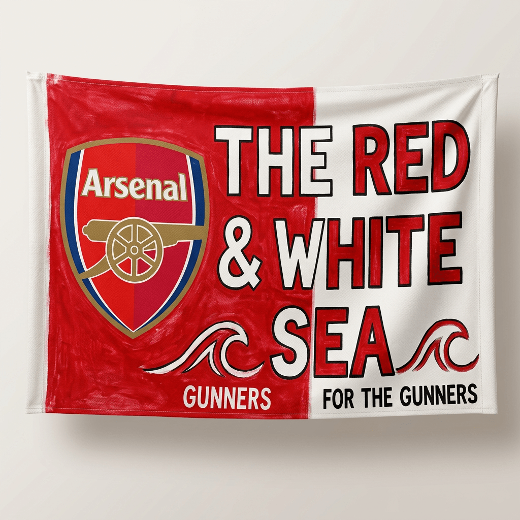 Arsenal fans holding a red and white banner reading 'The Red & White Sea' in a crowded football stadium