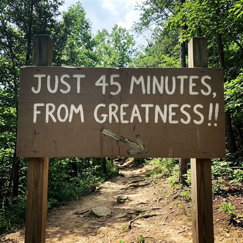 Wooden sign reading 'JUST 45 MINUTES, FROM GREATNESS!!' with an arrow pointing to a forest trail
