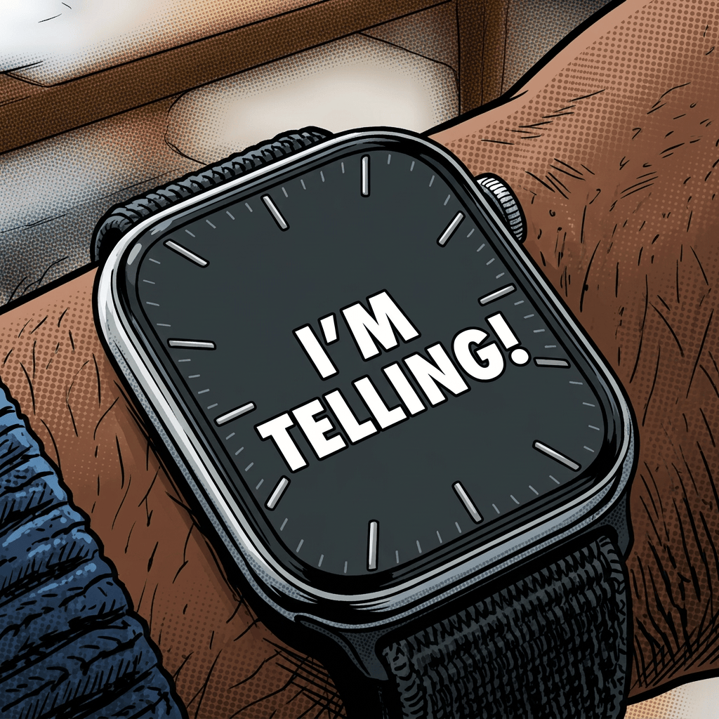 Smartwatch showing “WED 25,” “10:09,” and “I’M TELLING!”