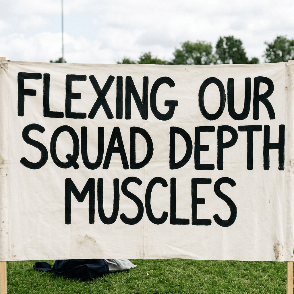 Five athletes hold a banner reading “FLEXING OUR SQUAD DEPTH MUSCLES.”
