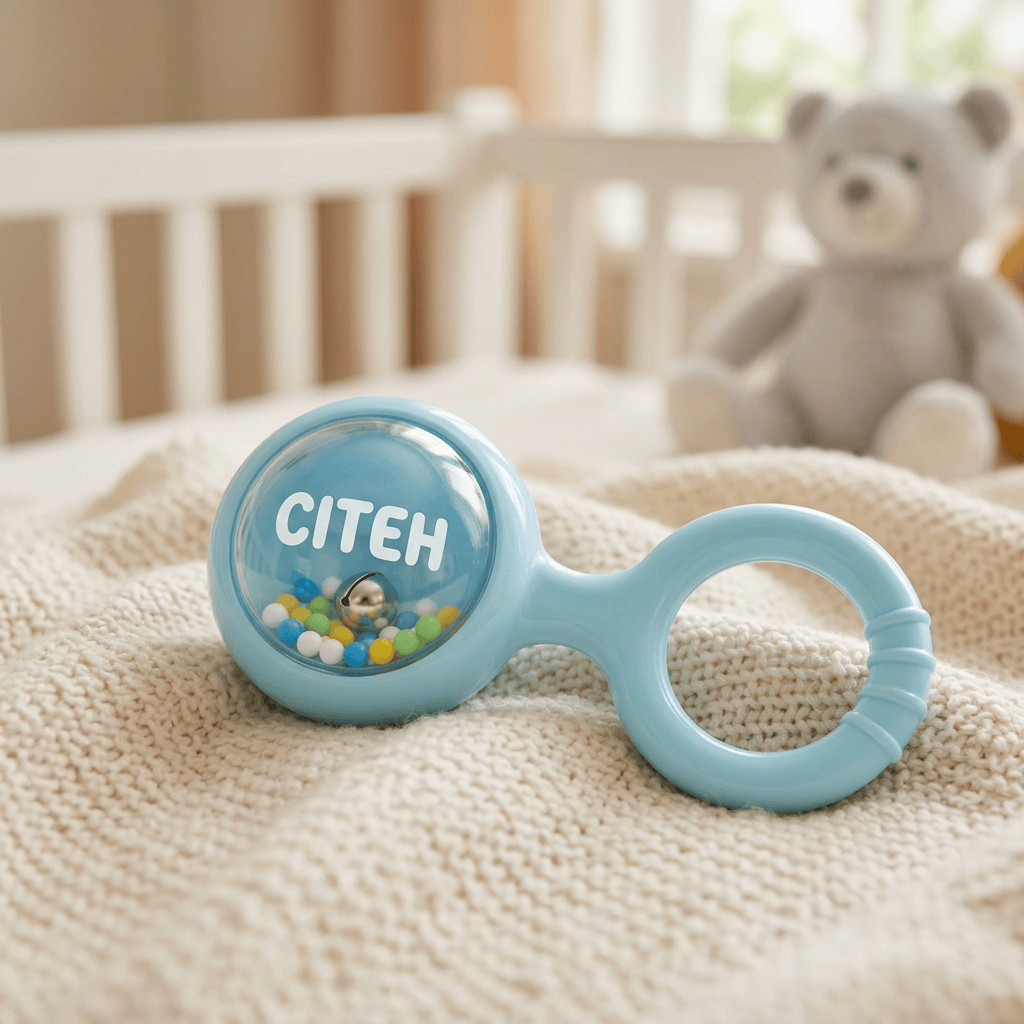 Blue baby rattle labeled CITEH on a knitted blanket