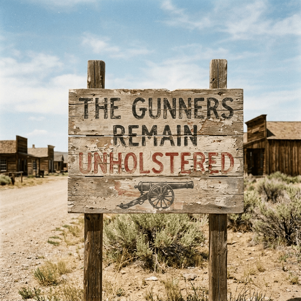 Weathered sign reading “THE GUNNERS REMAIN UNHOLSTERED” with crossed pistols