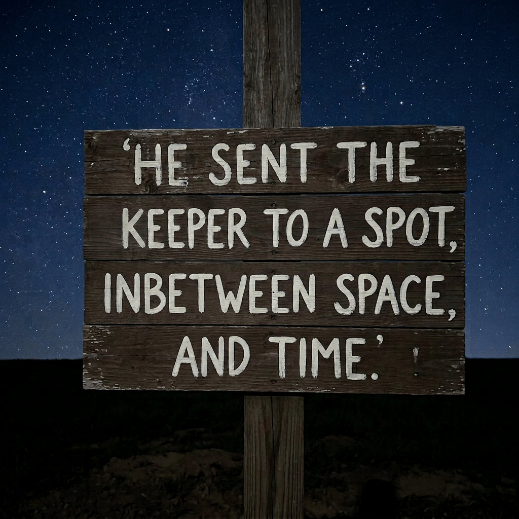 Weathered sign reading “HE SENT THE KEEPER TO A SPOT, INBETWEEN SPACE, AND TIME.”