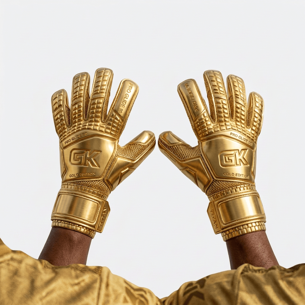 Gold goalkeeper gloves raised in front of a soccer goal