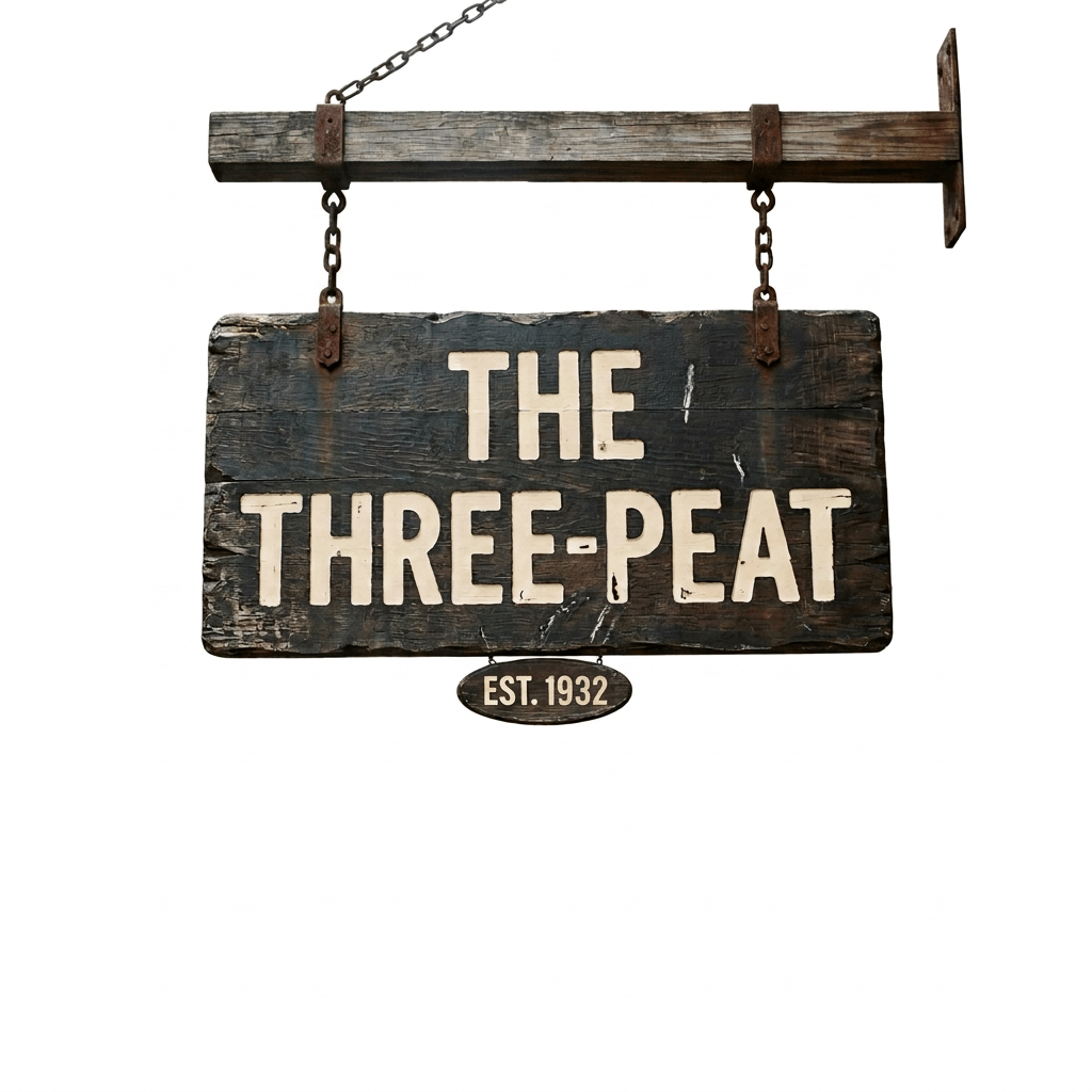 Hanging wooden sign reading “THE THREE-PEAT” and “EST. 1982”