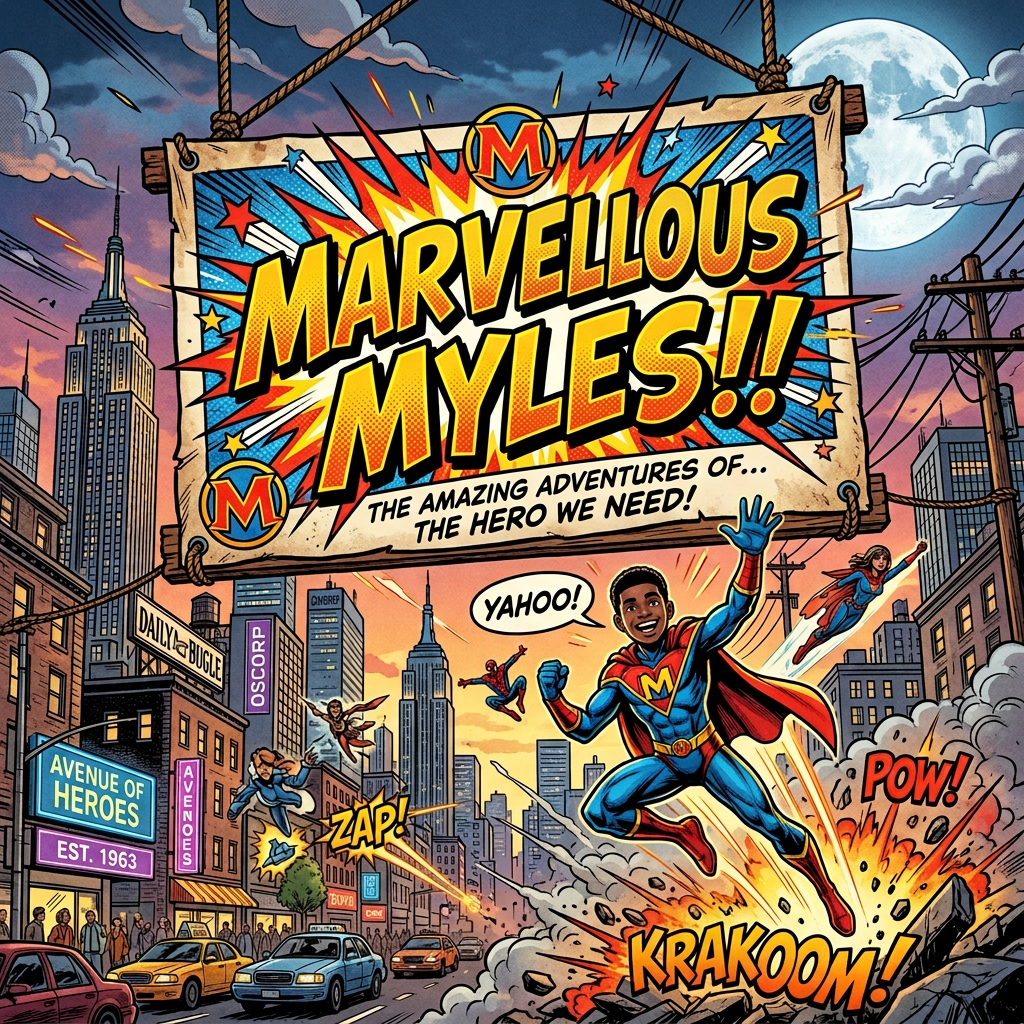 Comic poster reading “MARVELOUS MYLES!!! The amazing adventures of... the hero we need!” with superhero flying over a city; “YAHOO!”, “ZAP!”, “POW!”, and “KRAKOOM!” appear around him.