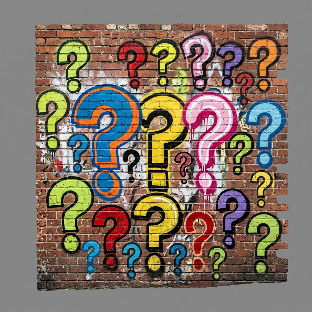 Colorful graffiti question marks and words ASK, GUESS, and QUERY on a brick wall