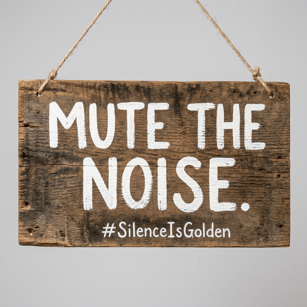 Wooden sign reading “MUTE THE NOISE. #SilenceIsGolden” hanging from a tree