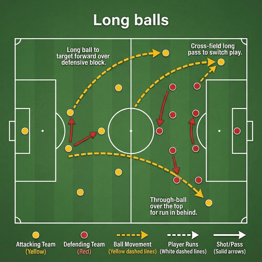 Long balls; Long ball to target forward over defensive block; Cross-field long pass to switch play; Through-ball over the top for run in behind; Attacking Team (Blue); Defending Team (Red); Ball Movement (Yellow dashed lines); Player Runs (White dashed lines); Shot/Pass (Solid arrows)