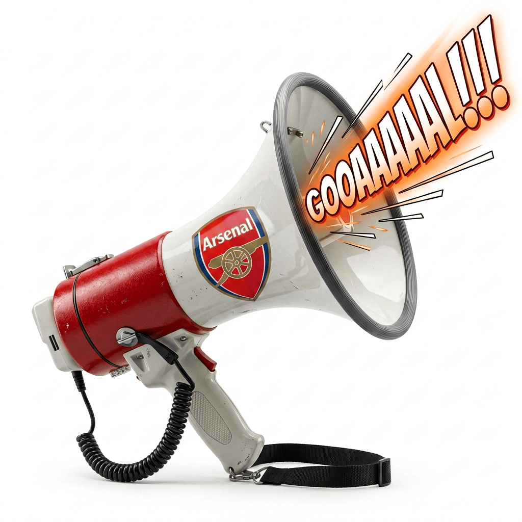 Arsenal supporter shouting through megaphone as fans celebrate a goal