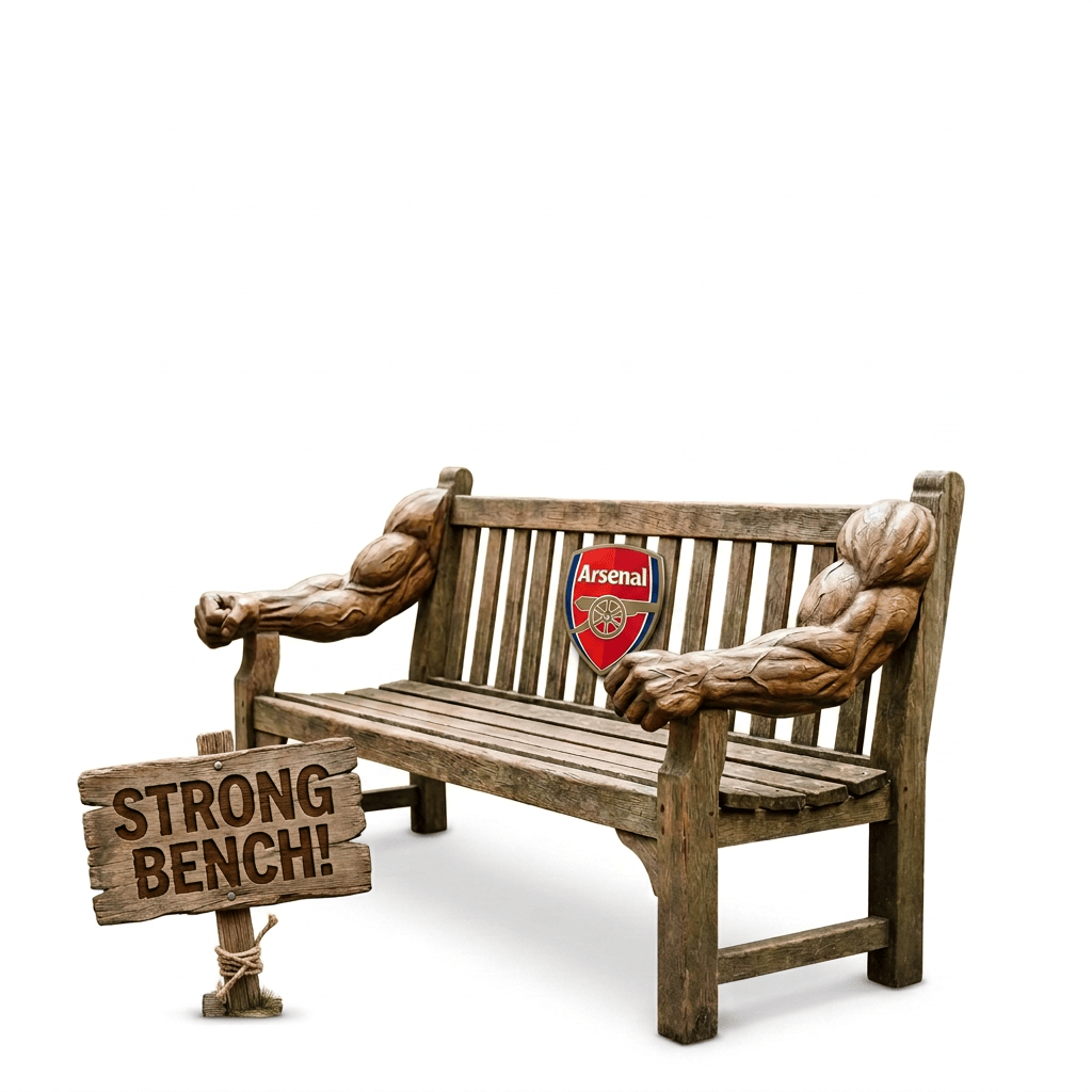 Wooden garden bench with carved muscular arms beside a flower-lined path