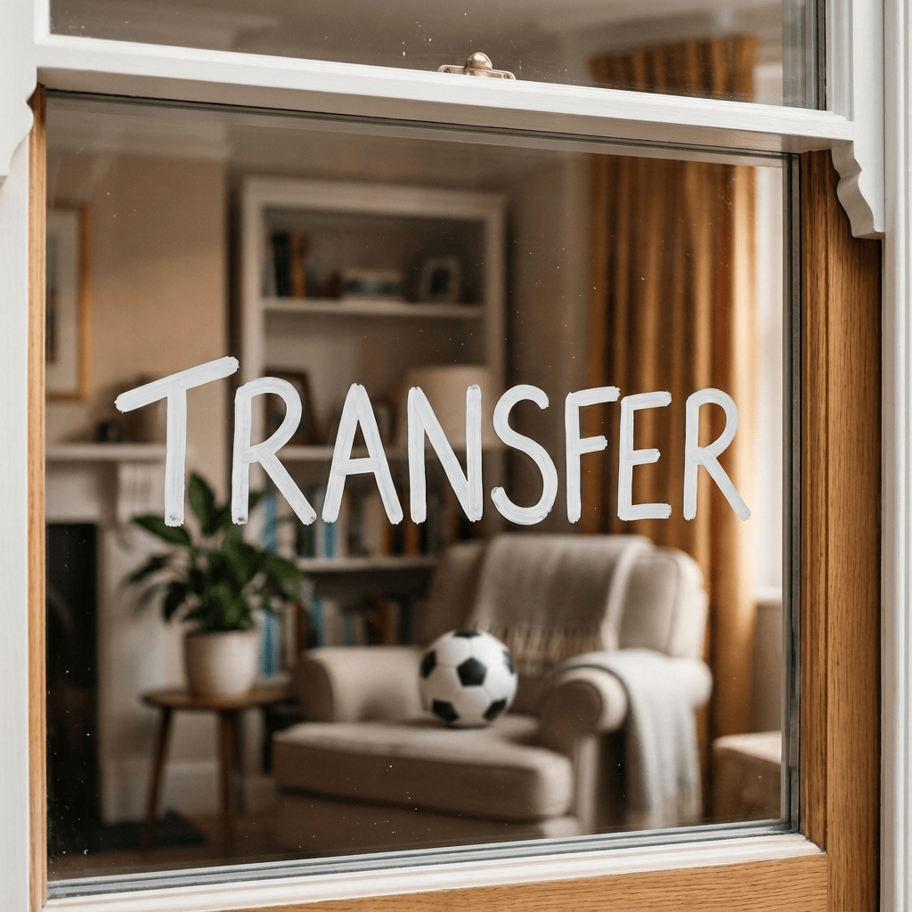 Window reads “TRANSFER” and “ENQUIRIES & TICKETS HERE” with an arrow at railway station