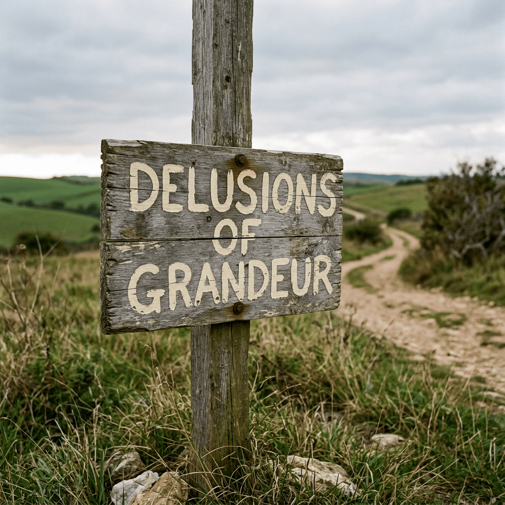 Weathered wooden sign reading “DELUSIONS OF GRANDEUR” beside a rural dirt path