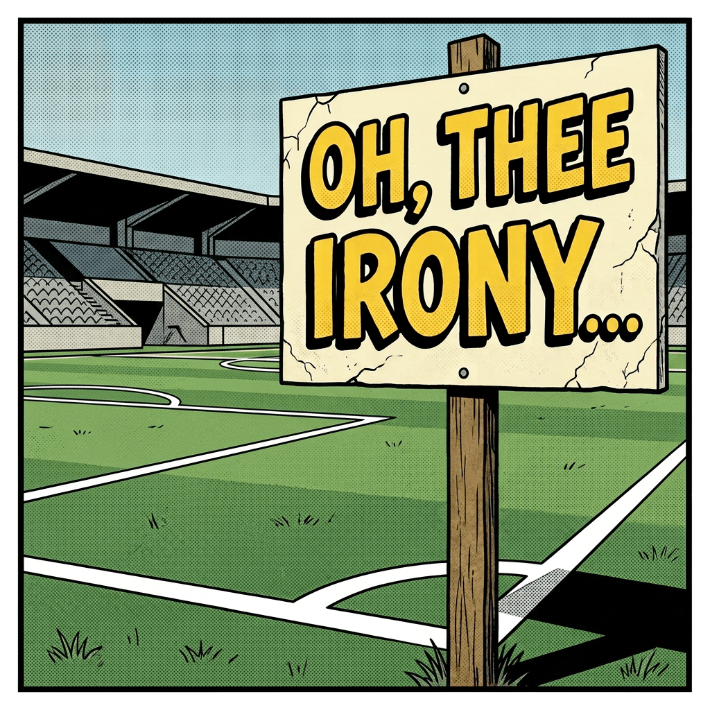 Comic panel reading “OH, THE IRONY…” with a confused man and speech bubbles about a clocktower.