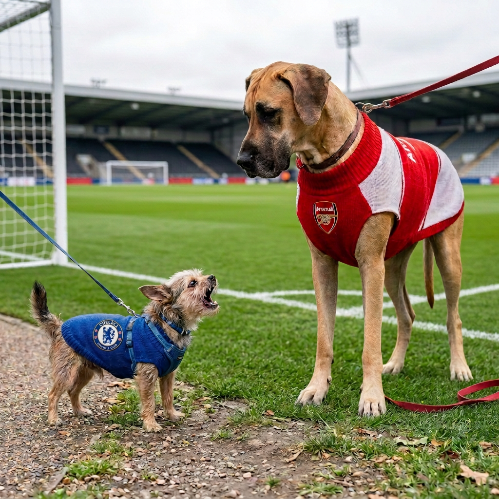 Small dog in blue sweater facing large dog in red Arsenal jersey