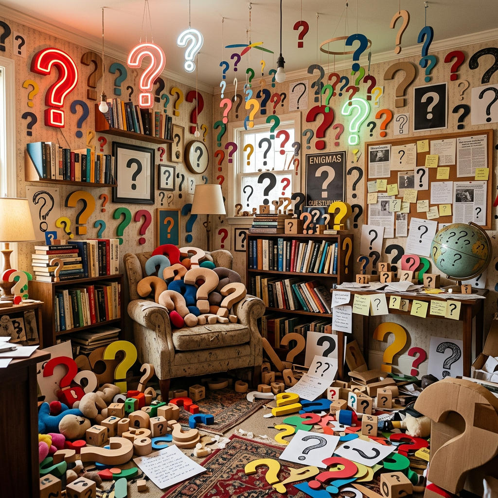 Study filled with colorful question marks, books, puzzles, and mystery clues