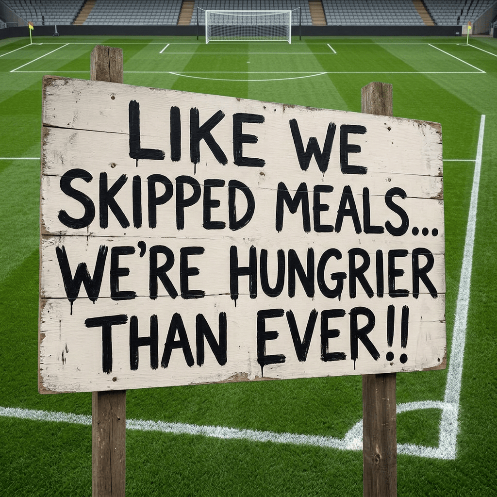 Weathered sign reading “LIKE WE SKIPPED MEALS... WE’RE HUNGRIER THAN EVER!!”