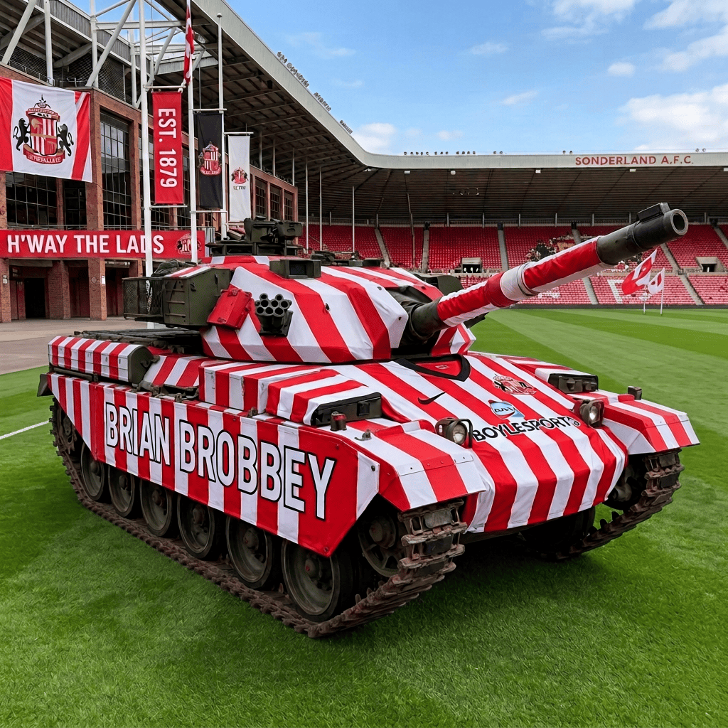 Tank draped in Sunderland football shirts and Brian Robbey tribute banners outside stadium