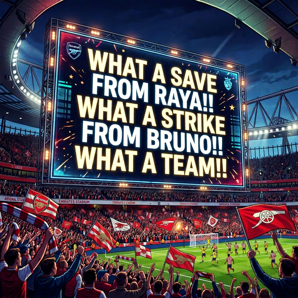 Stadium screen surrounded by Arsenal flags
