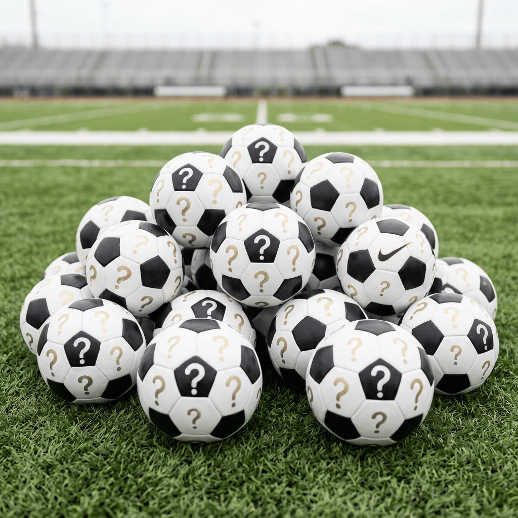 Soccer balls across football pitch scene