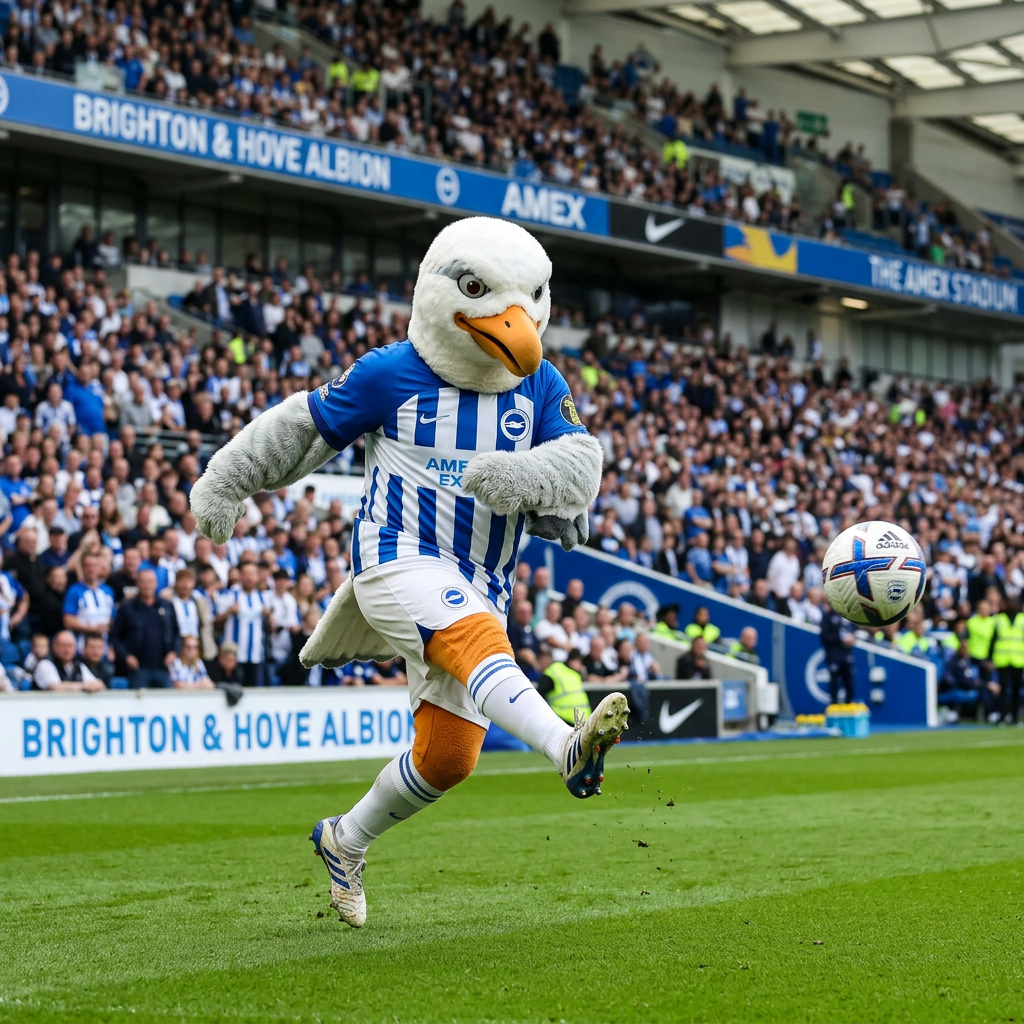 Brighton seagull mascot kicking a football on the pitch