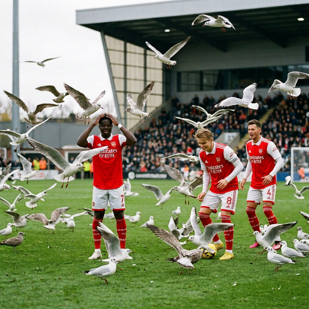 Five Arsenal football players surrounded by seagulls on a stadium pitch