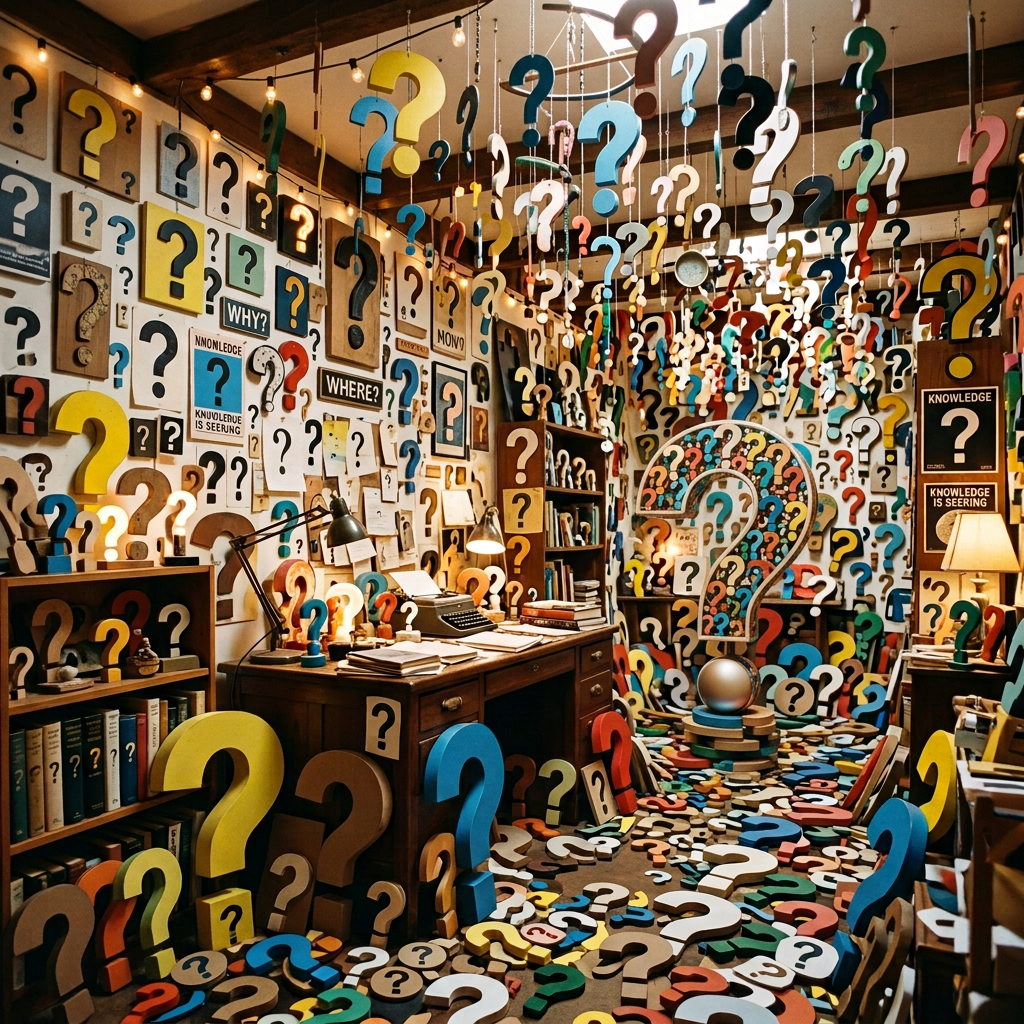 Person standing in a room filled with colorful question marks and books