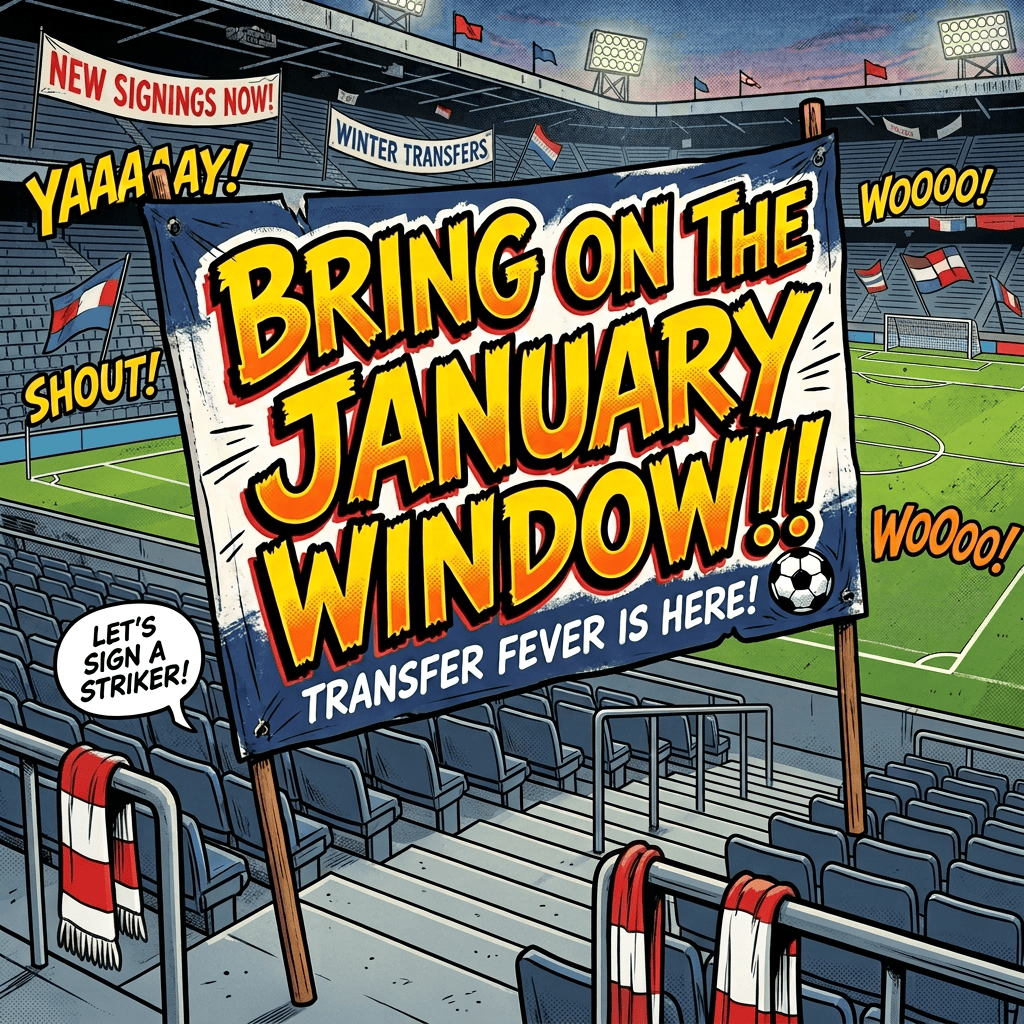 Football fans hold a sign reading “BRING ON THE JANUARY WINDOW!! TRANSFER FEVER IS HERE!” with “NEW SIGNINGS NOW!”, “WINTER TRANSFERS,” “YAAAY!”, “WOOO!”, “SHOUT!”, and “LET’S SIGN A STRIKER!” visible around them.