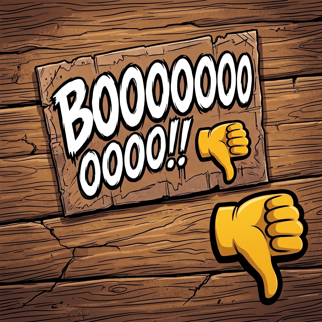 Football fans hold a sign reading “BOOOOOO!” with a thumbs-down symbol in a stadium.