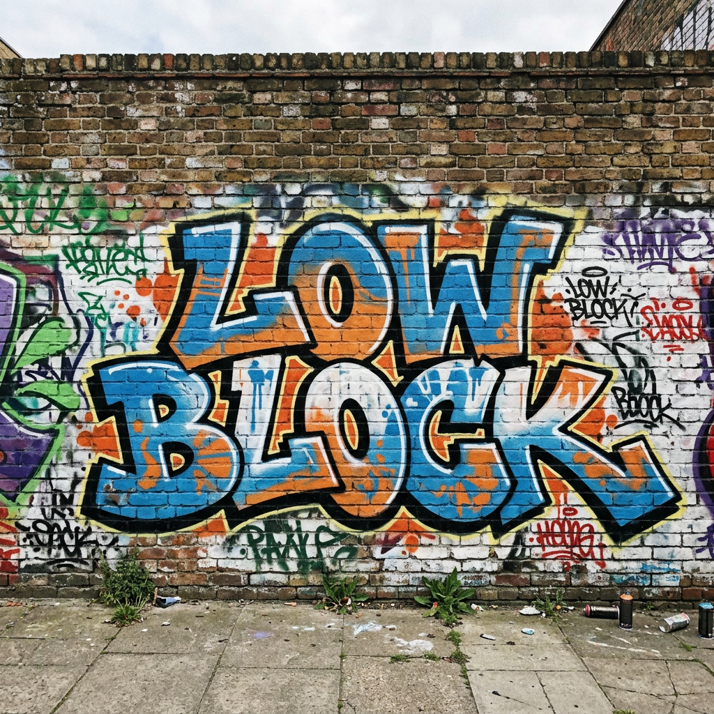 Blue and orange graffiti reading “LOW BLOCK” on a brick wall