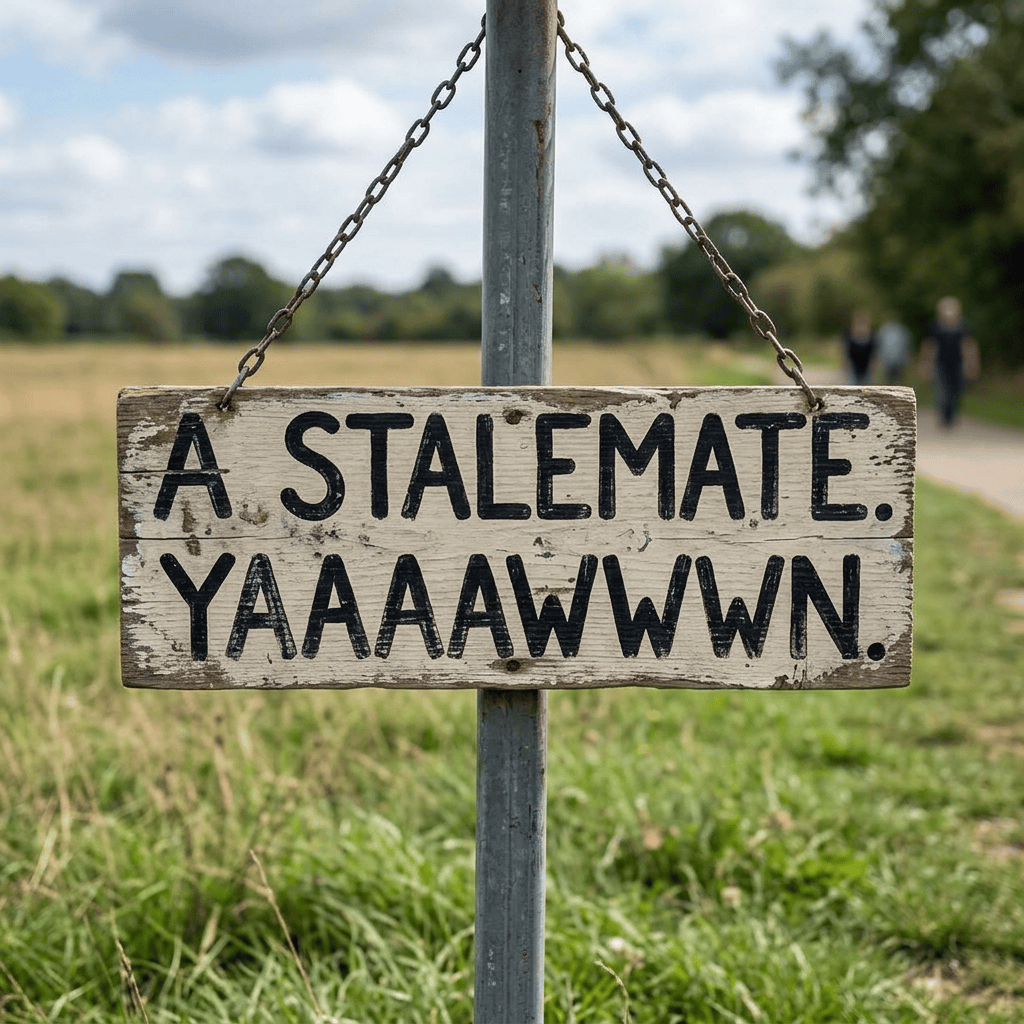 Weathered sign reading "A STALEMATE. YAAAAWWWWN." beside a field