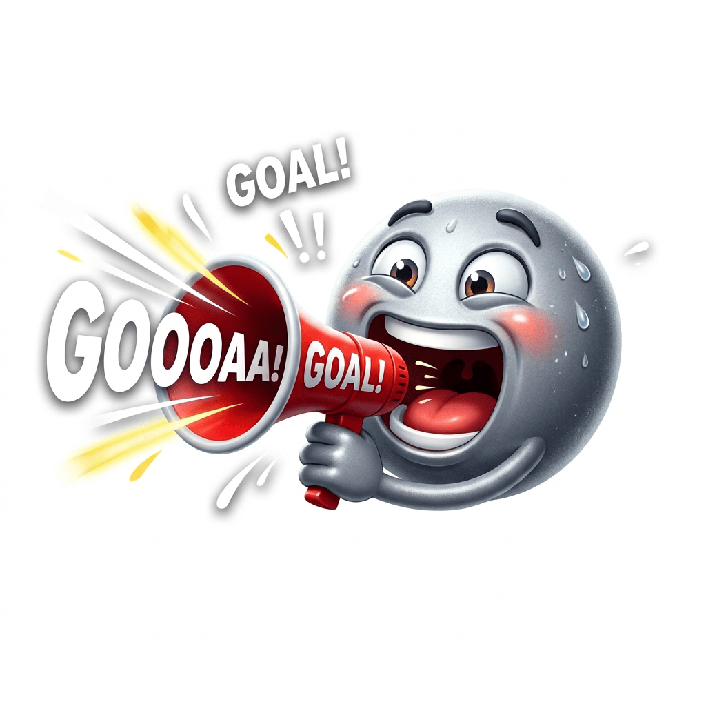 Cartoon soccer ball shouting “GOOOAAAL! GOAL!” through a megaphone