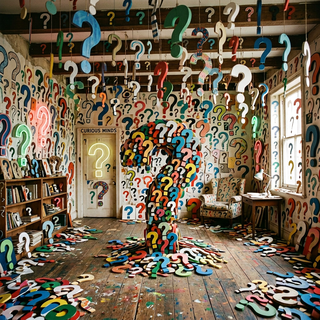 Room covered in question marks, with a person seated beside a question-mark sculpture