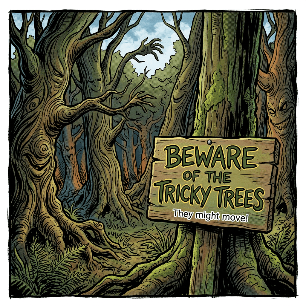 Sign reading “BEWARE OF THE TRICKY TREES They might move!” in an eerie forest