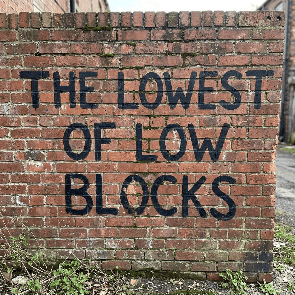 Weathered brick wall with graffiti reading “THE LOWEST OF LOW BLOCKS”