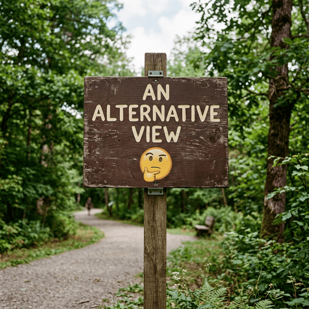 Wooden sign reading “AN ALTERNATIVE VIEW” with thinking-face emoji