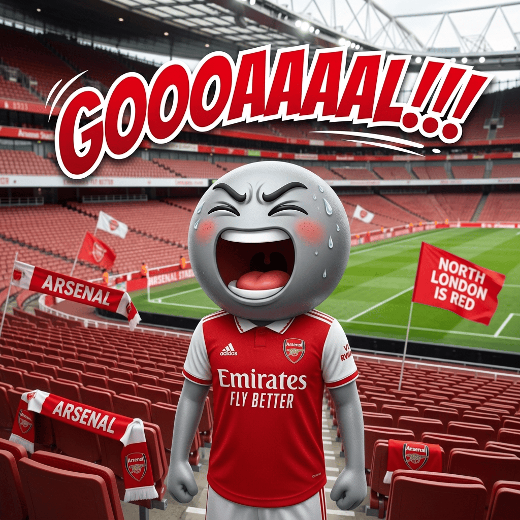 Arsenal mascot celebrating with raised fists beneath “GOOOAAALLL!!” as fans cheer