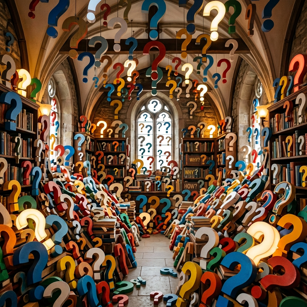 Reader holding a book in a library surrounded by colorful question marks